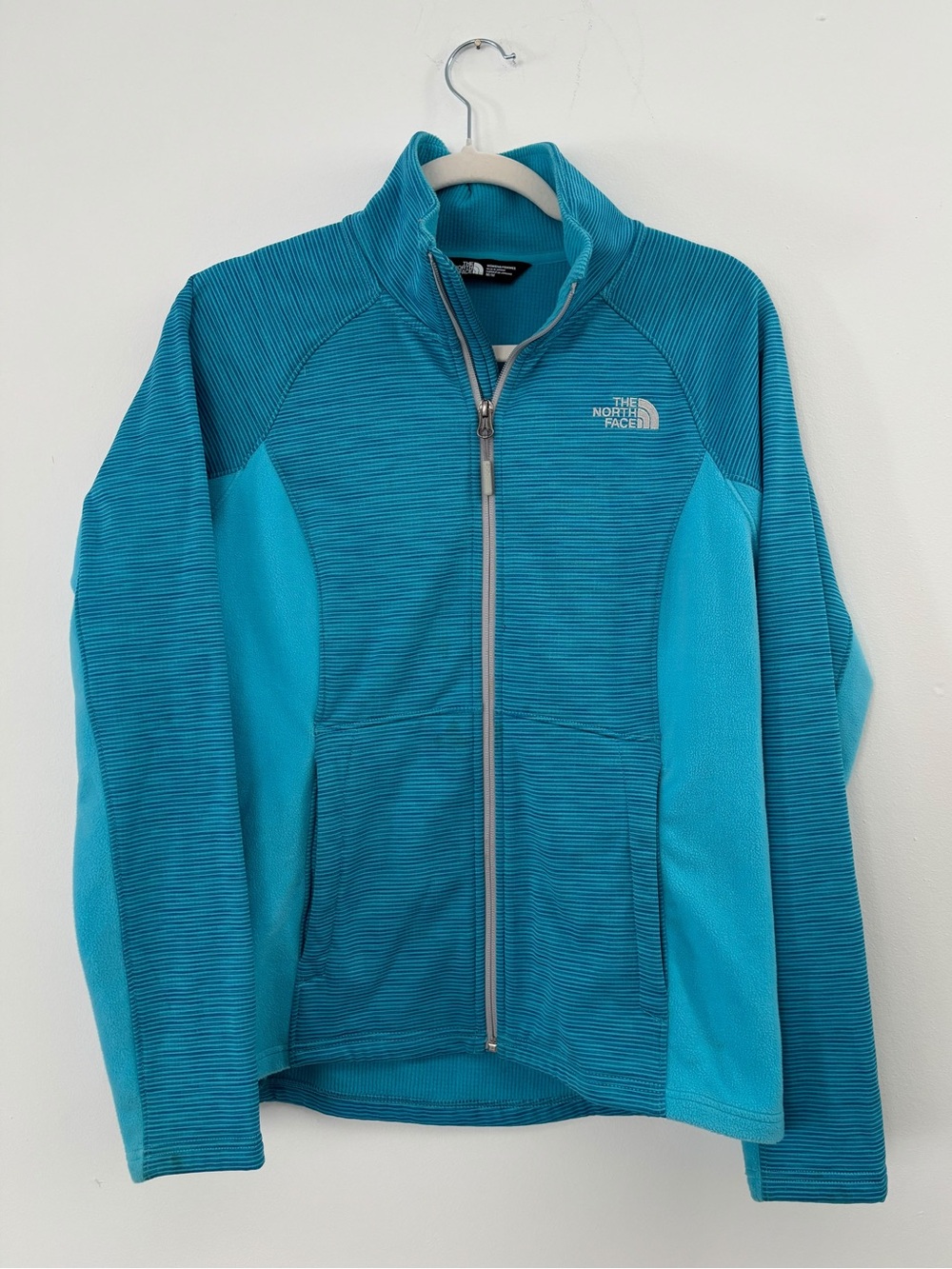 The North Face Womens M Teal Blue Full Zip Fleece Jacket Mock Neck Striped Knit